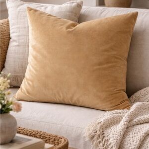 Tan Yellow Velvet Throw Pillow Sham Cover 26 inches Square Euro